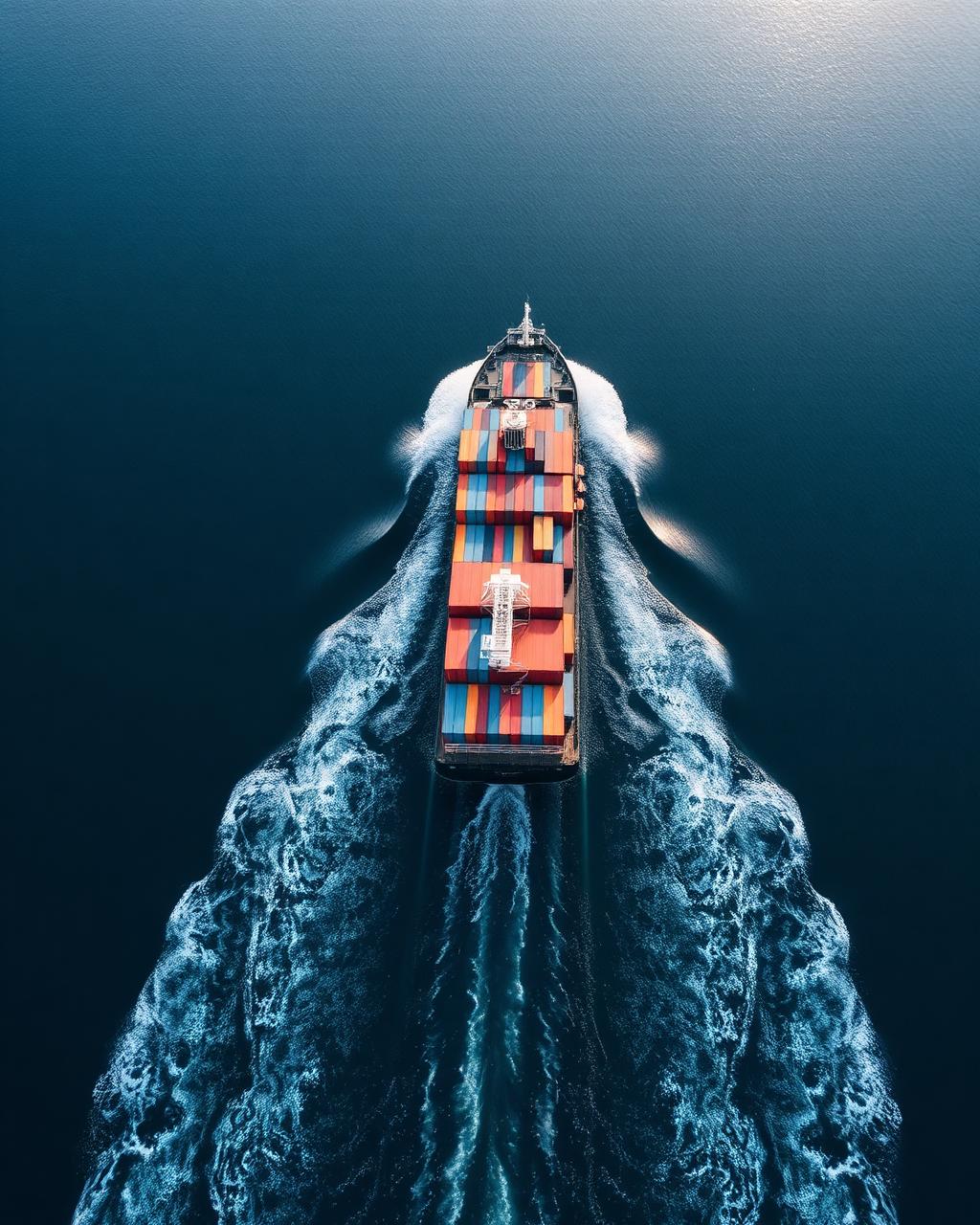 Aerial view of a container ship at sea